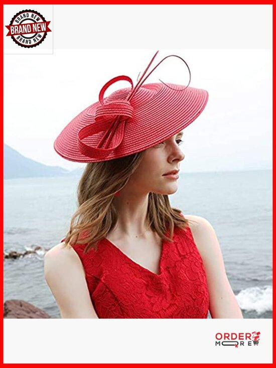 Vintage Straw Fedora Wide Brim Hat Adjustable Fascinator Derby Church